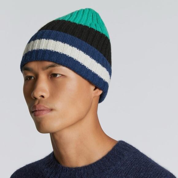 NWT EVERLANE Beanie Hat Unisex Cashmere Wool Striped Winter Green Blue White OS - Picture 1 of 5